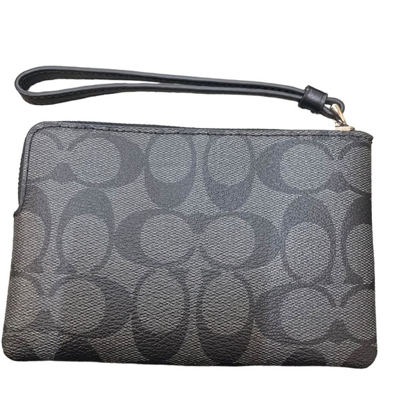 Coach Corner Zip Wristlet with signature canvas with leather trim‎ Black - Picture 2 of 3
